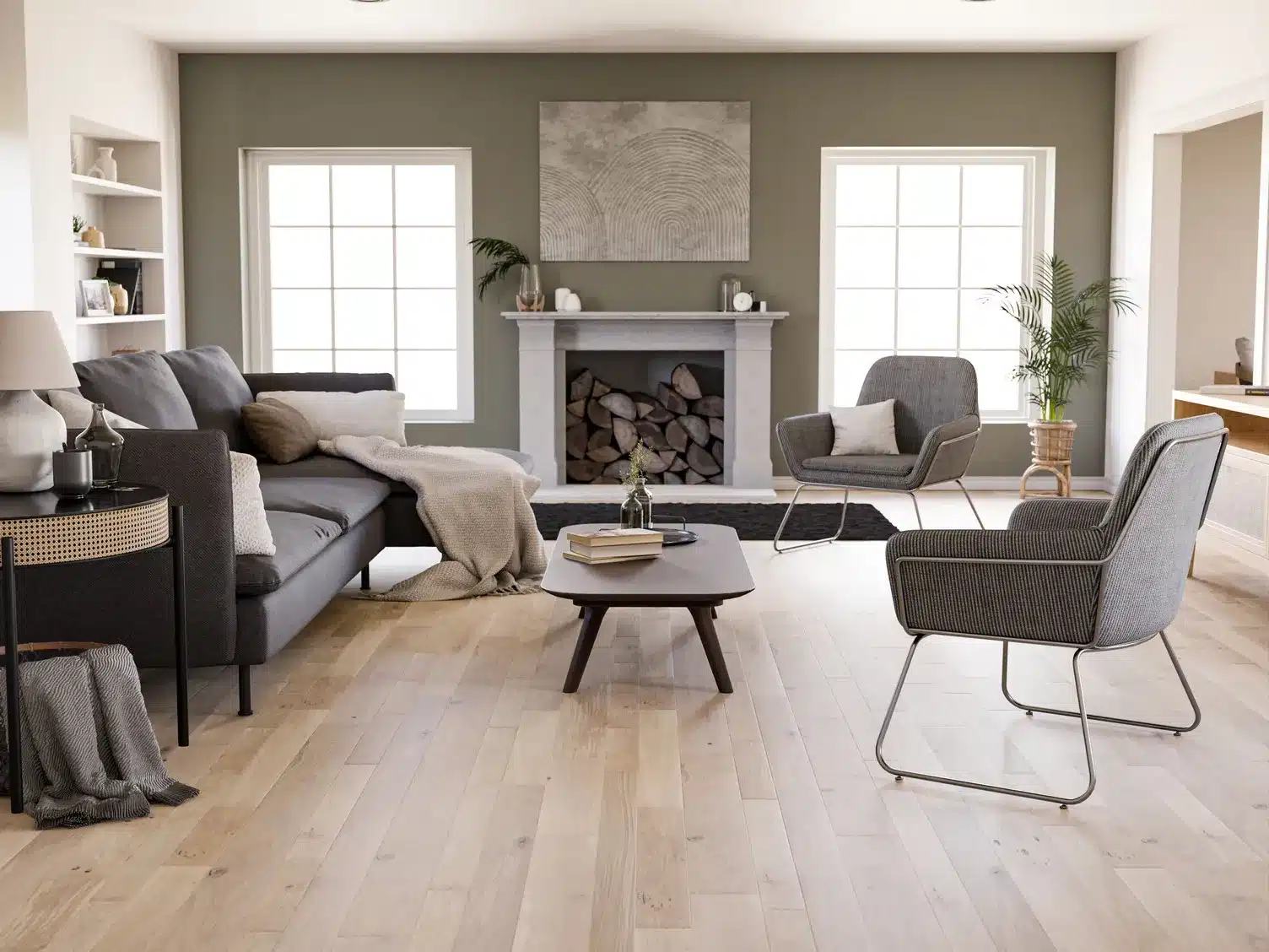 Light refinished hardwood floor with a low sheen finish in a modern living room