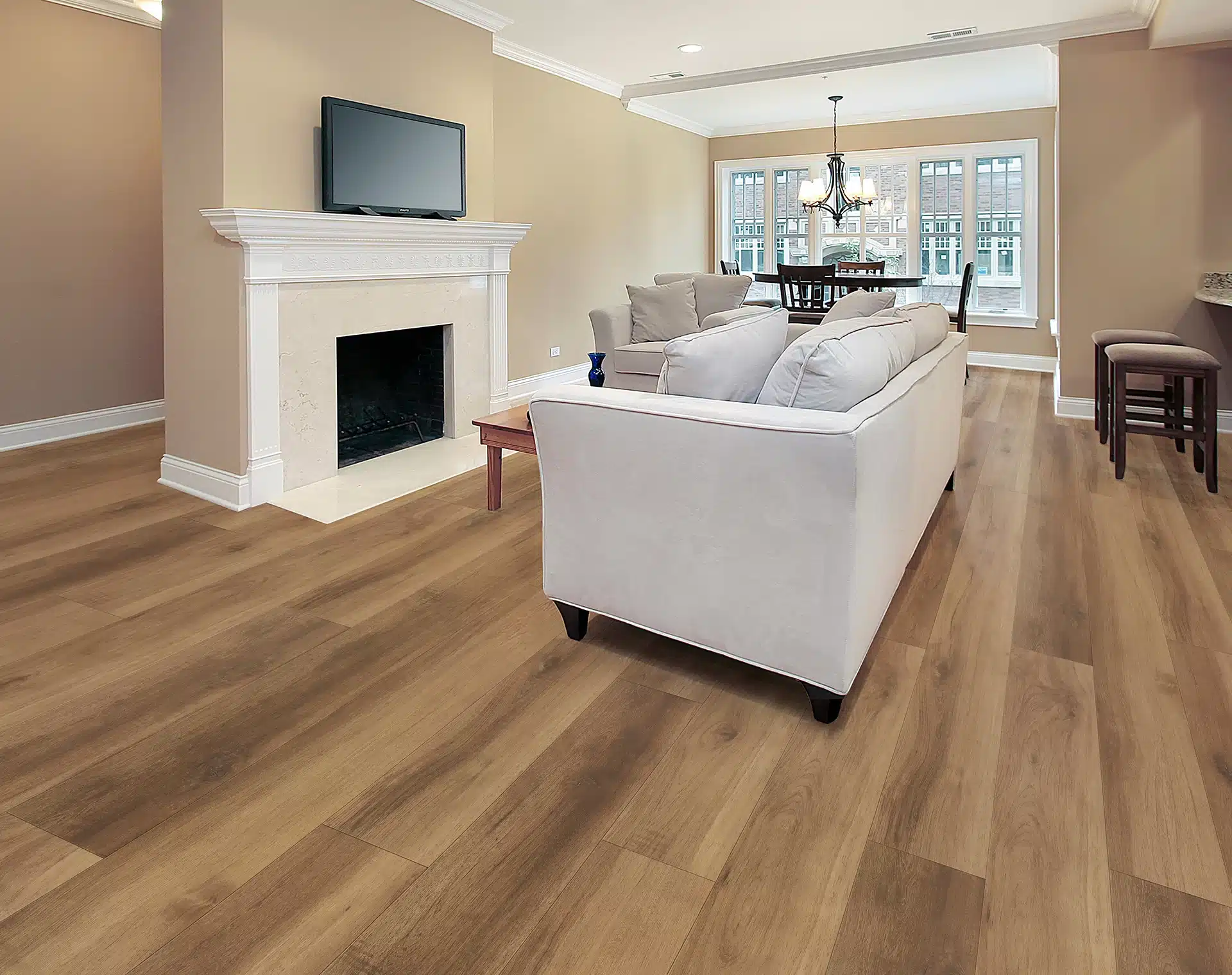 Wood-look vinyl plank flooring in a family room