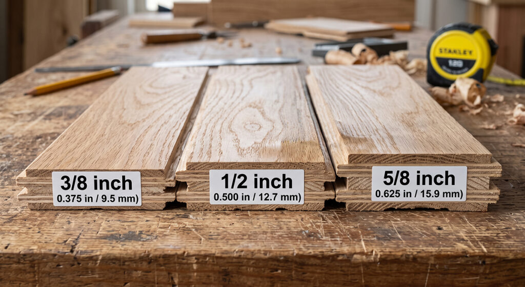 A close-up photograph comparing three engineered oak hardwood flooring samples lined up on a workshop bench.