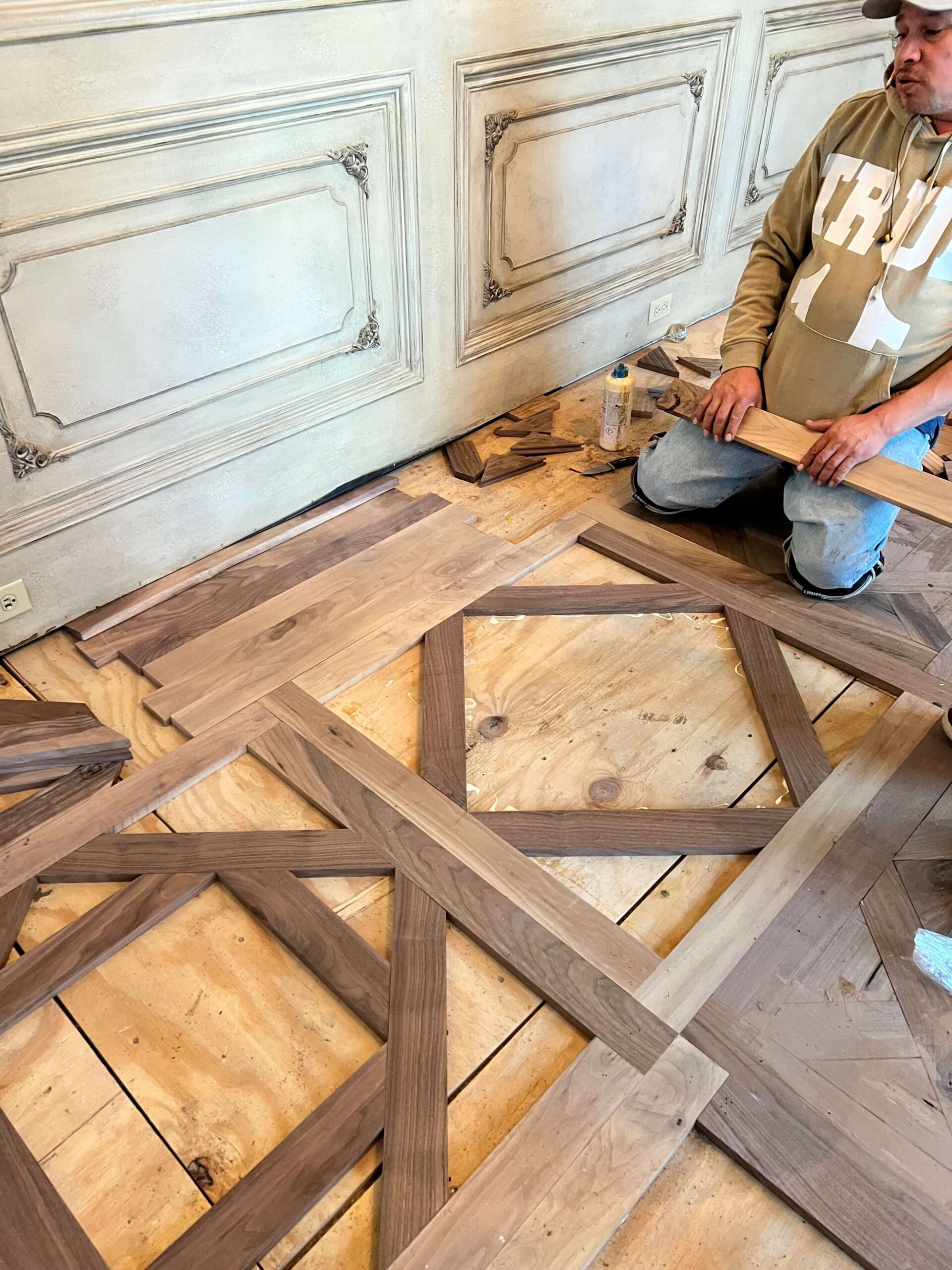 Repairing a custom Bordeaux pattern hardwood floor after water damage
