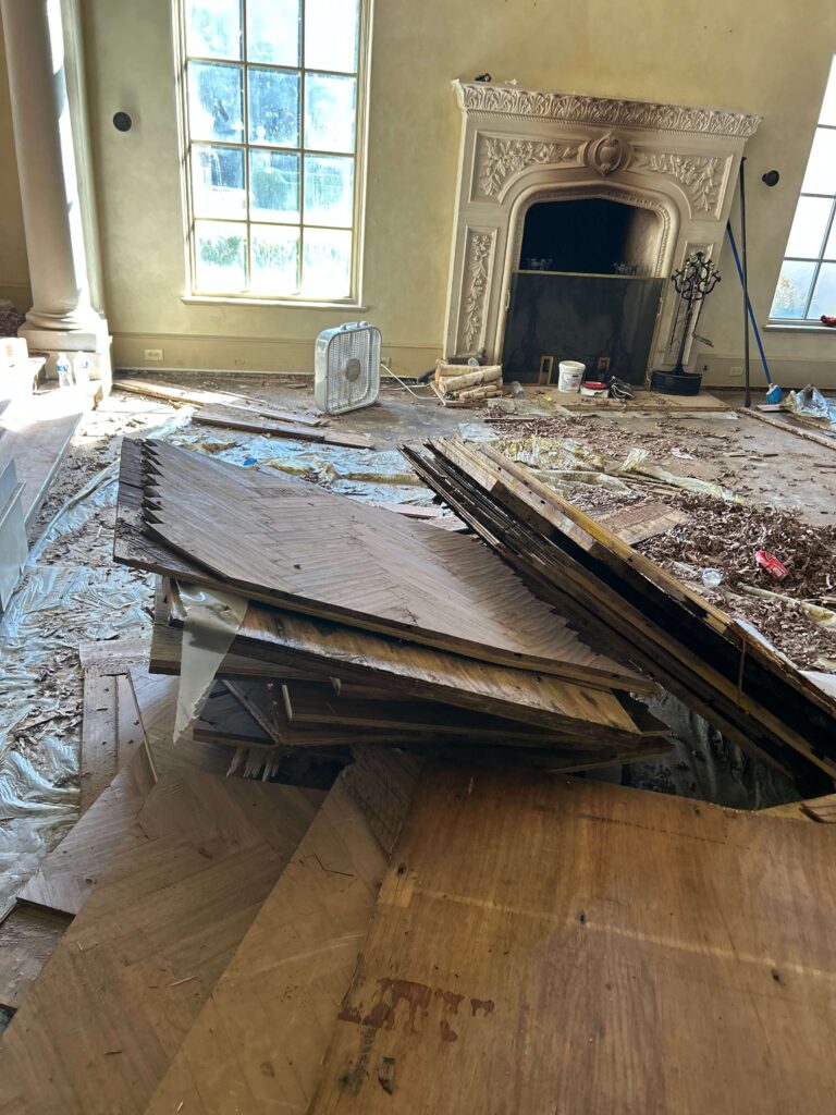 Water damaged custom walnut pattern hardwood flooring